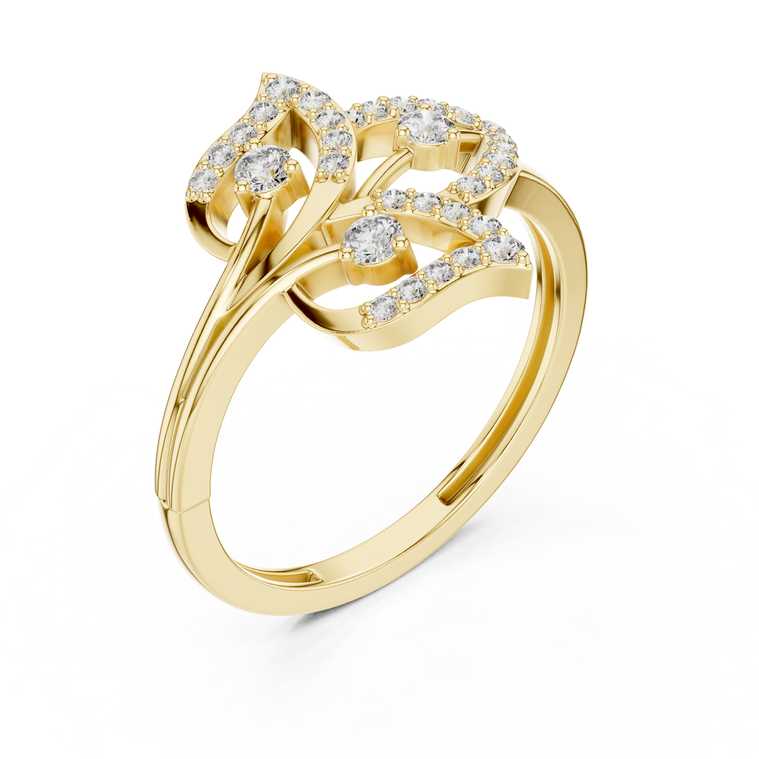 Yellow gold diamond statement ring, close angled view of round stones in scalloped bezels