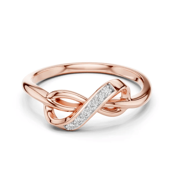 Infinity knot diamond ring, rose gold with pavé diamond stripe