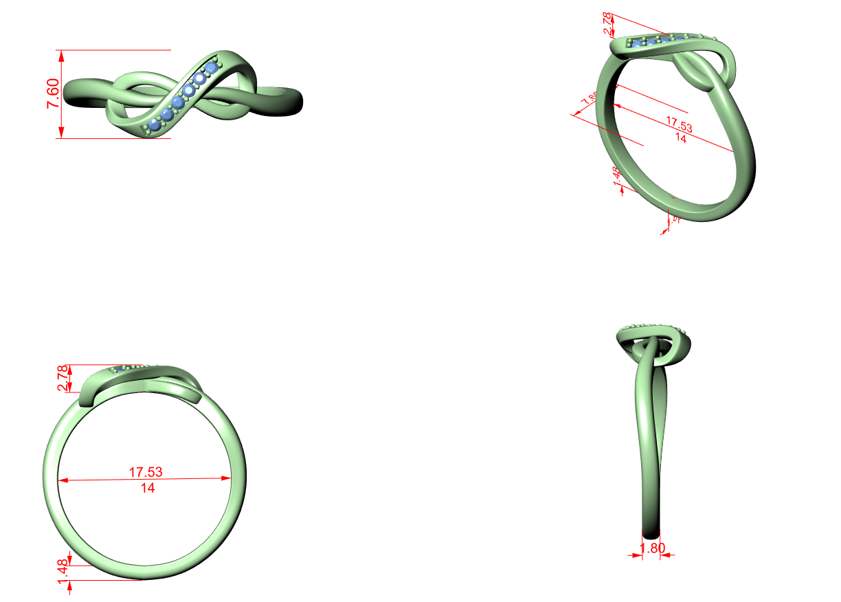 Ring CAD views showing infinity knot shape and dimension callouts