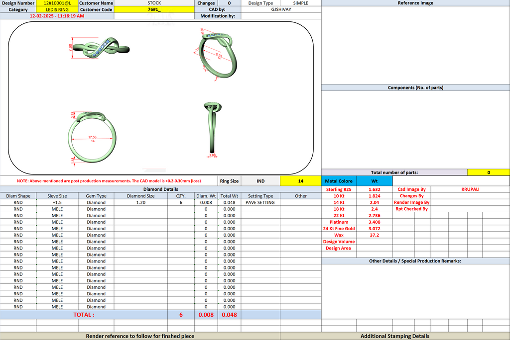 Ring CAD design sheet with infinity knot diagram and stone specs