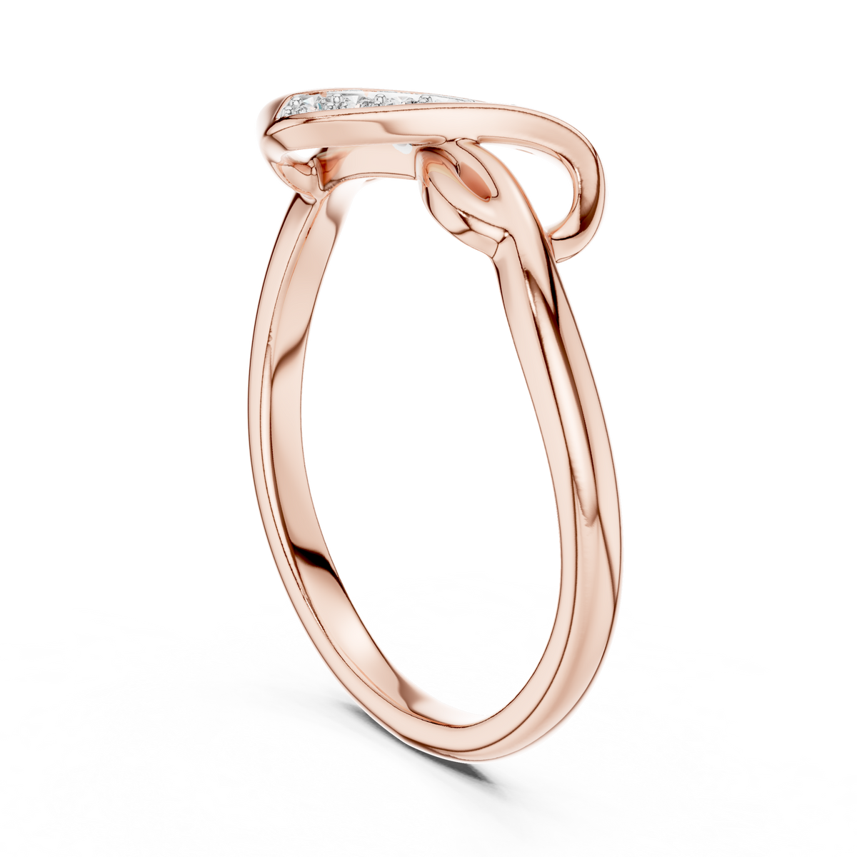 Rose gold infinity knot ring with open oval frame and small pavé-set stones