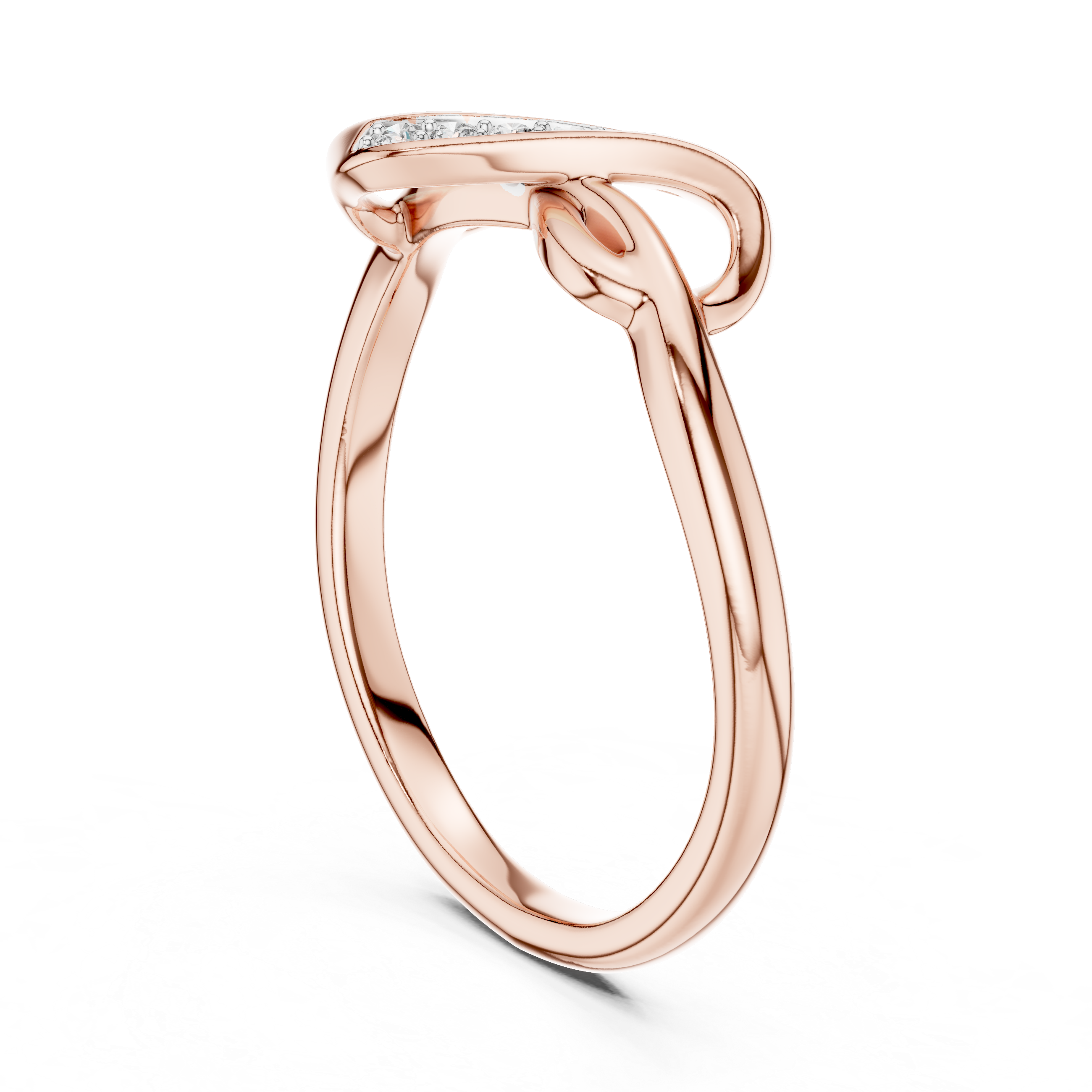 Rose gold infinity knot ring with open oval frame and small pavé-set stones