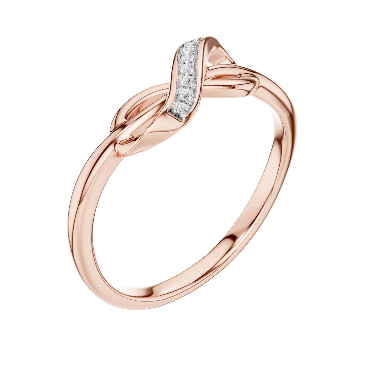 Rose gold infinity knot ring with raised pavé channel and twisted oval open shank