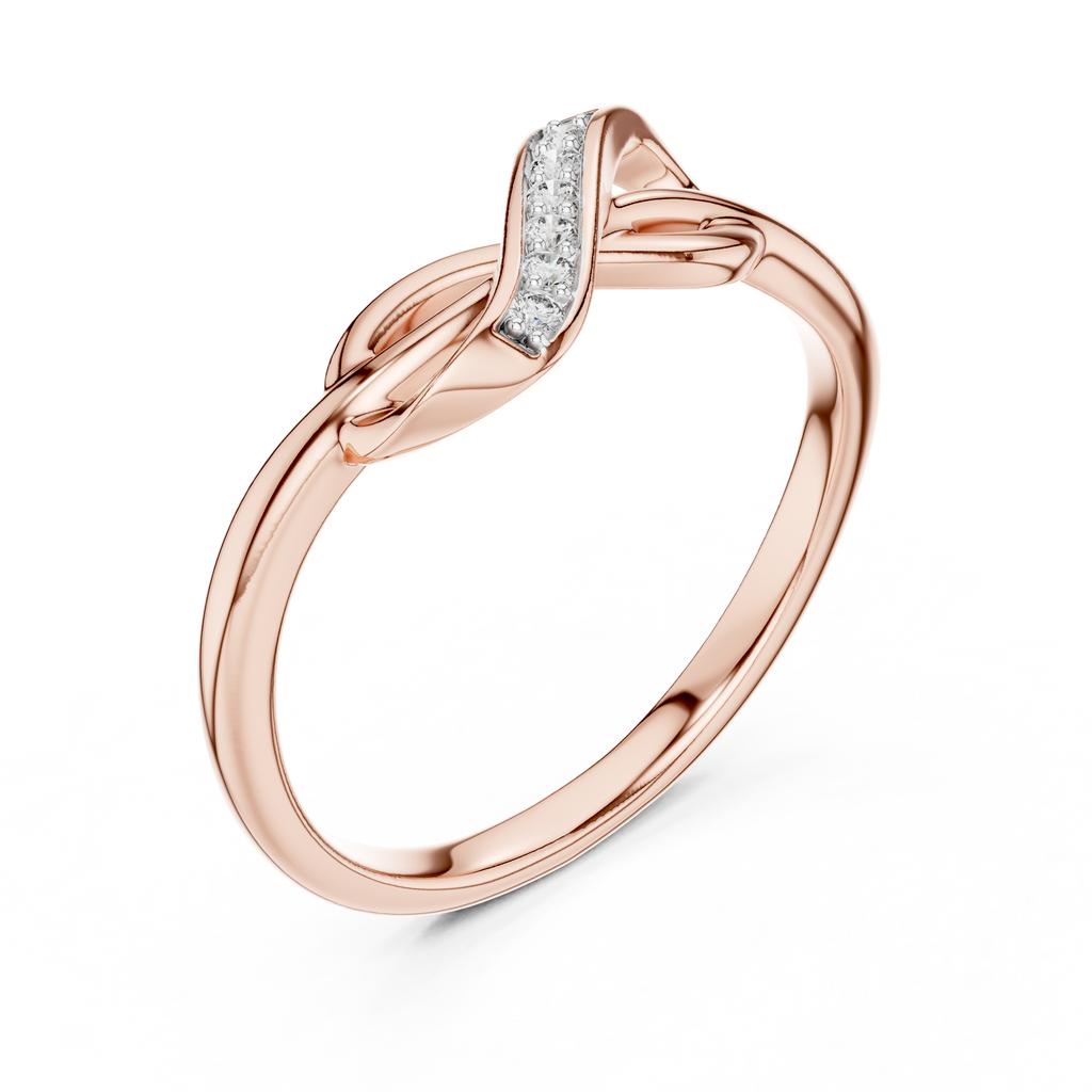 Rose gold infinity knot ring with raised pavé channel and twisted oval open shank