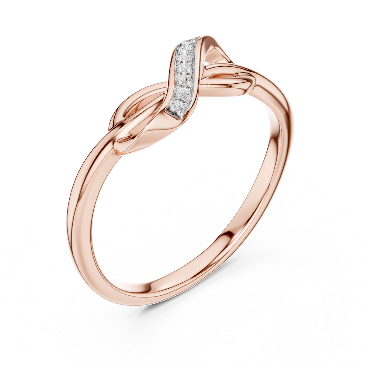 Rose gold infinity knot ring with raised pavé channel and twisted oval open shank