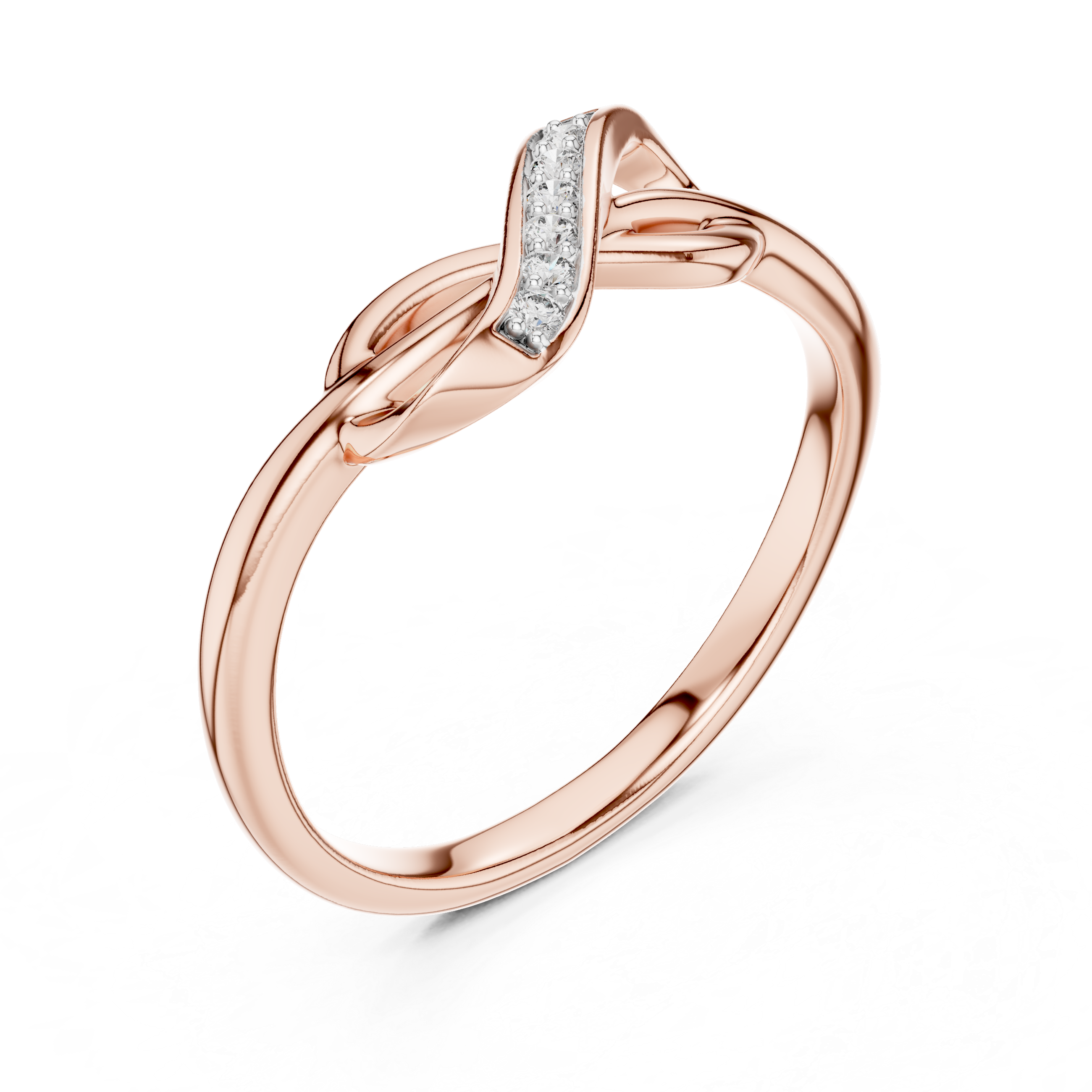 Rose gold infinity knot ring with raised pavé channel and twisted oval open shank