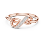 Rose gold infinity knot ring with diagonal pavé stone row and twisted knot band