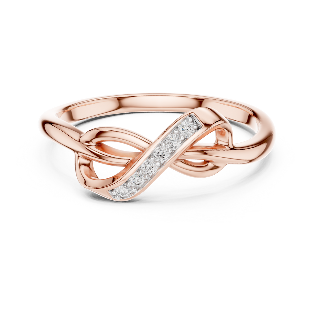 Rose gold infinity knot ring with diagonal pavé stone row and twisted knot band