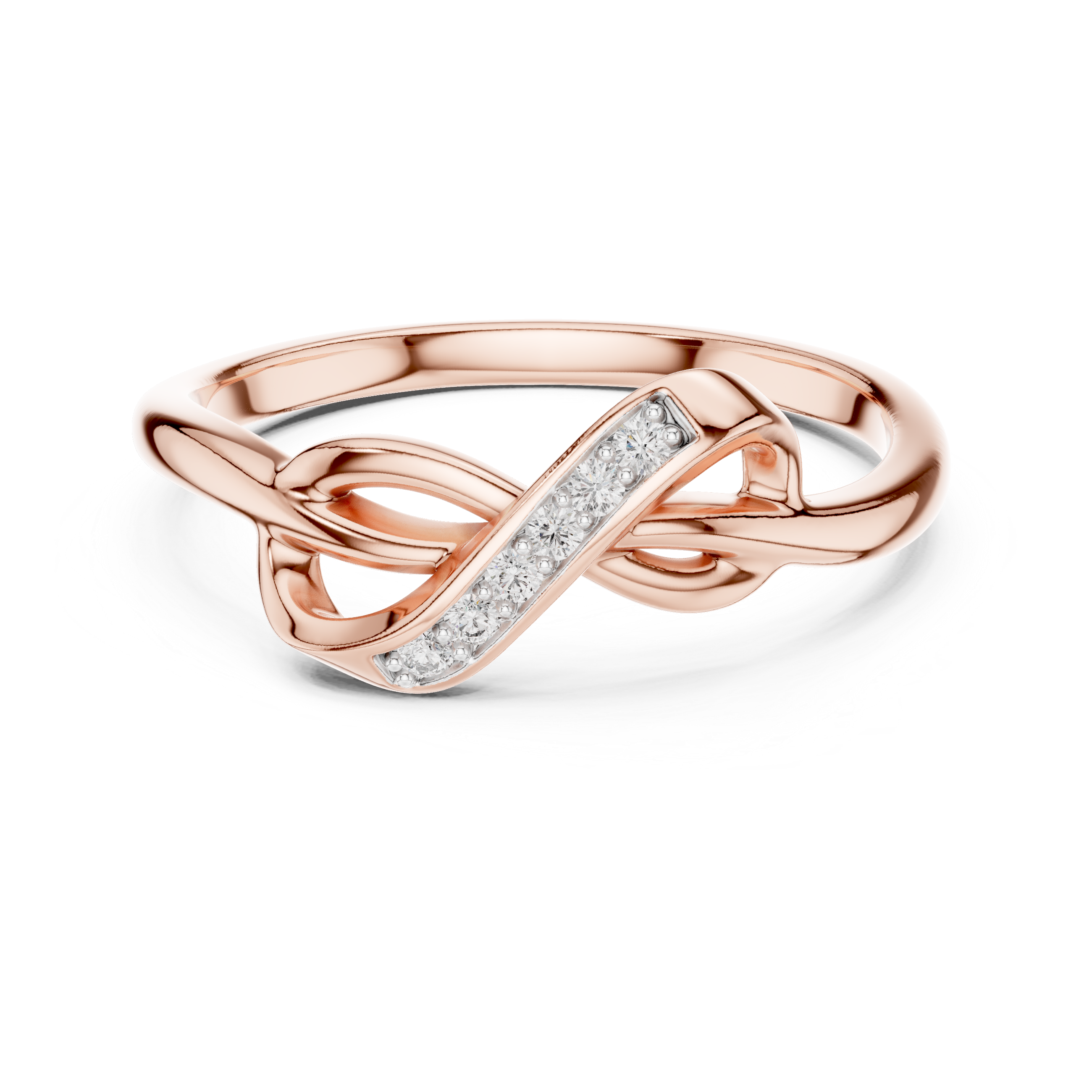 Rose gold infinity knot ring with diagonal pavé stone row and twisted knot band