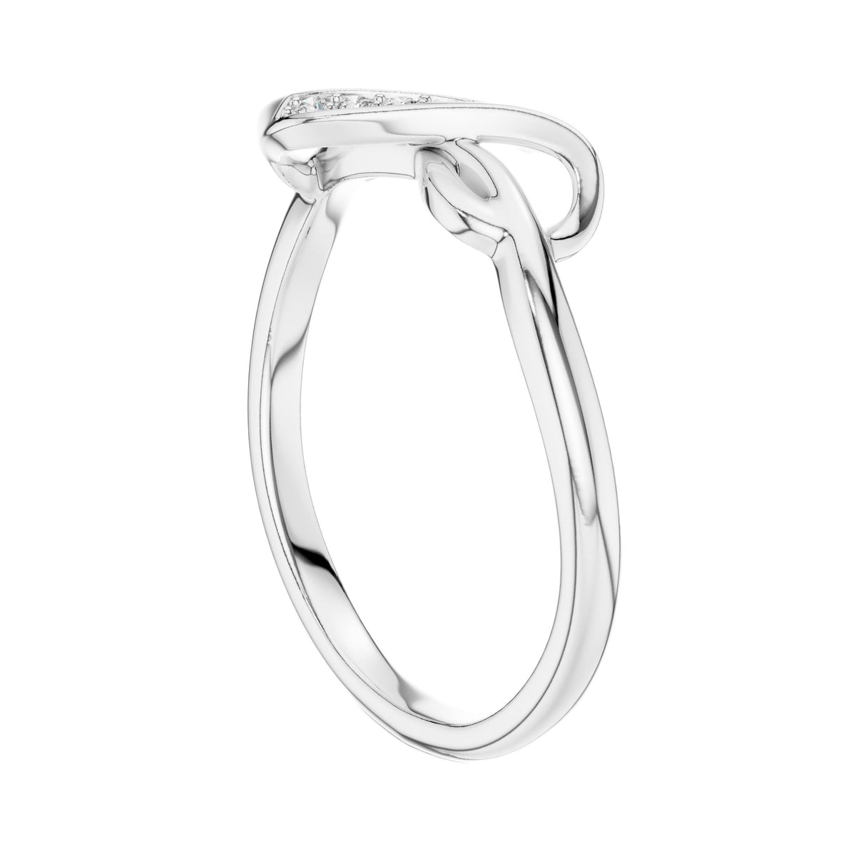 White gold infinity knot ring with open oval frame and small pavé-set stones