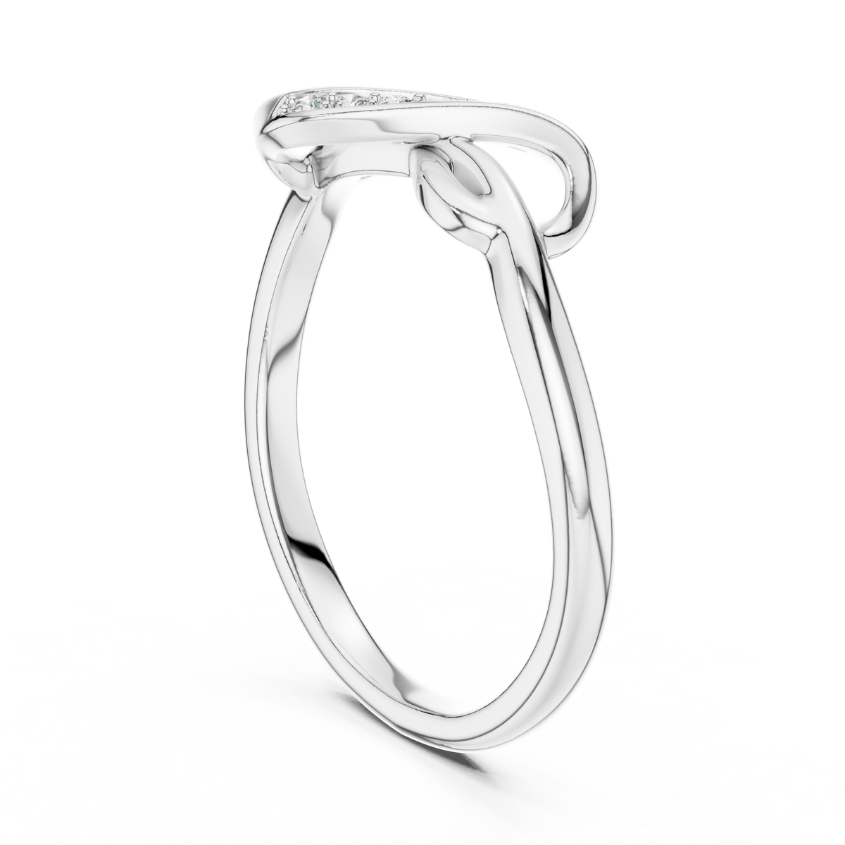 White gold infinity knot ring with open oval frame and small pavé-set stones