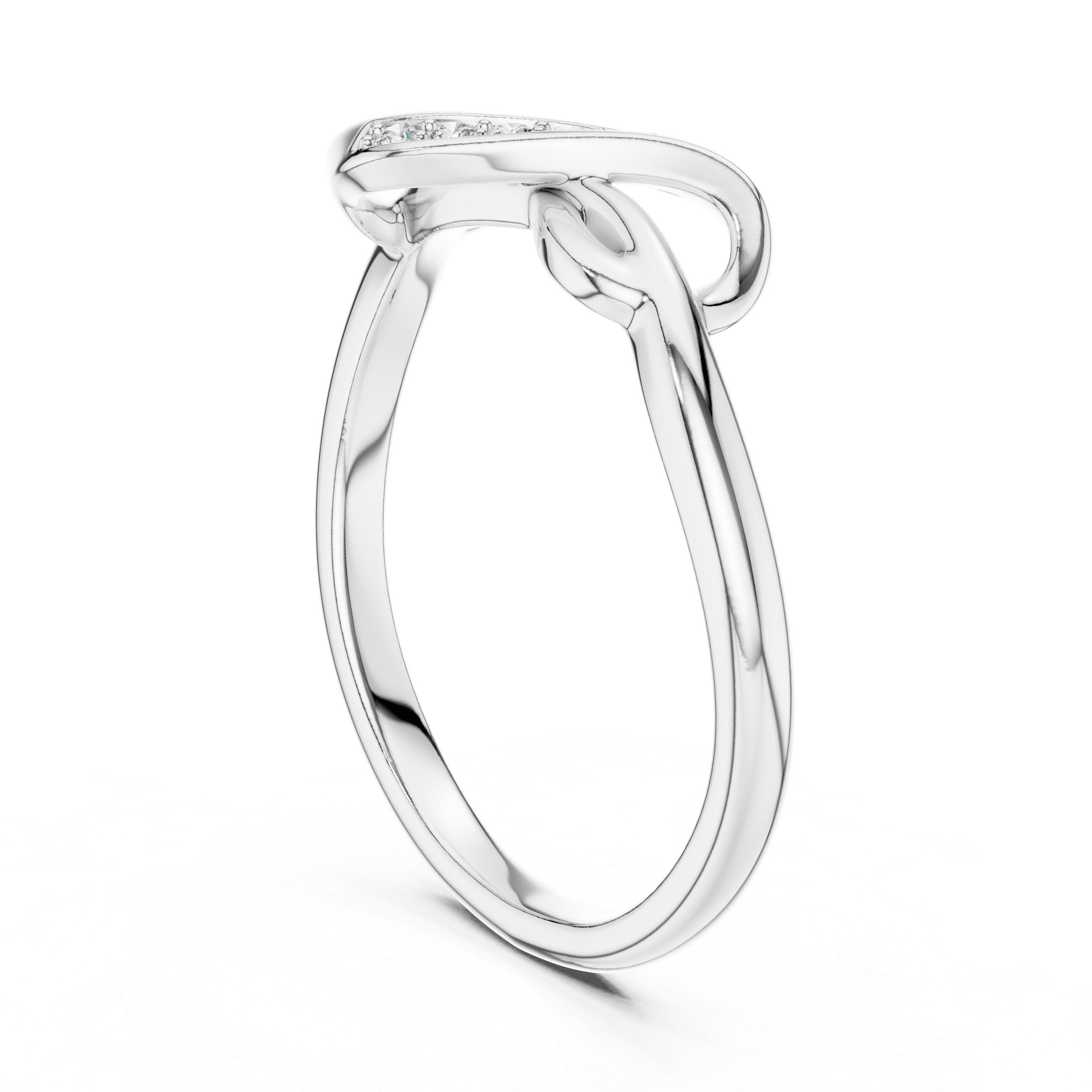 White gold infinity knot ring with open oval frame and small pavé-set stones