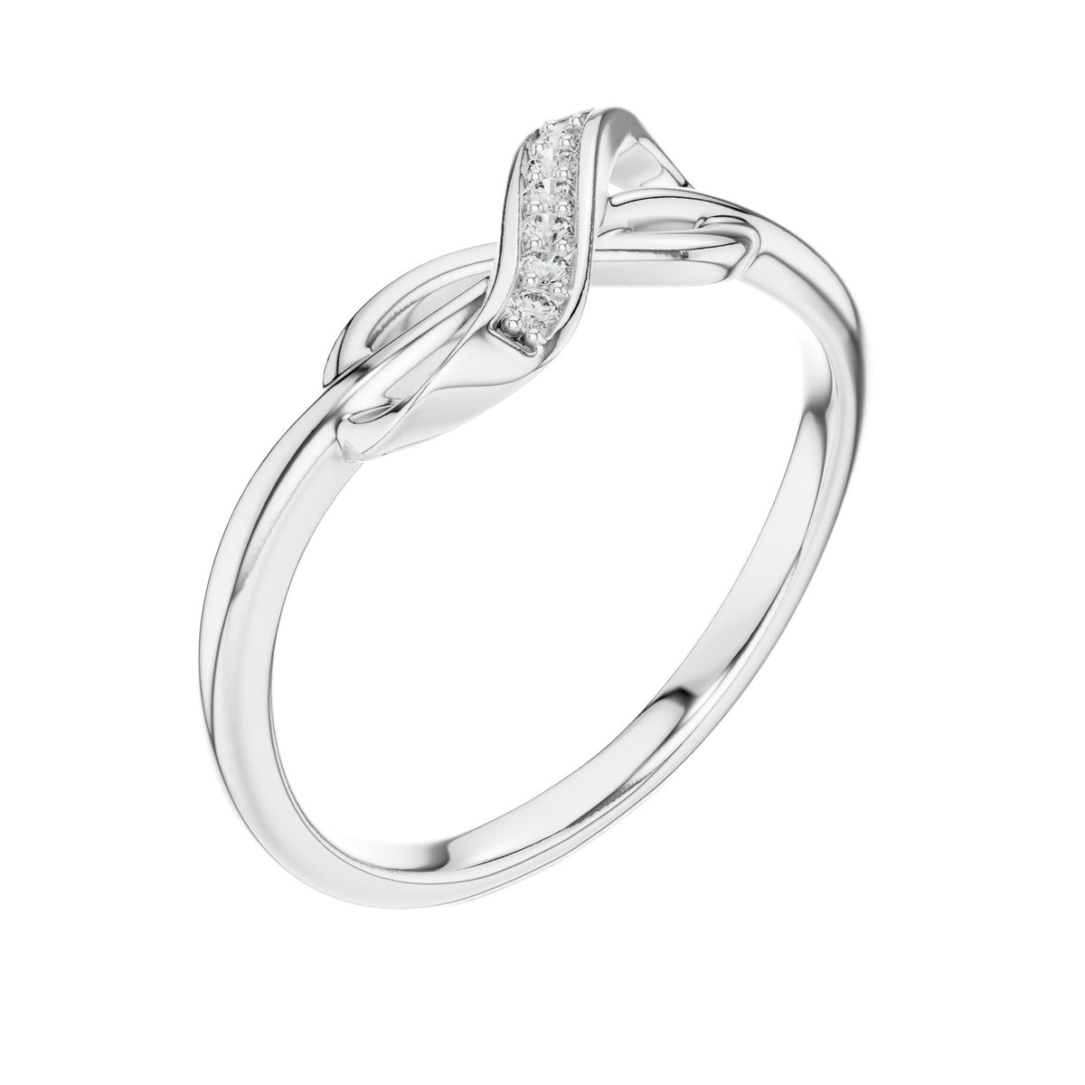 White gold infinity knot ring with open oval band and pavé-set stone channel