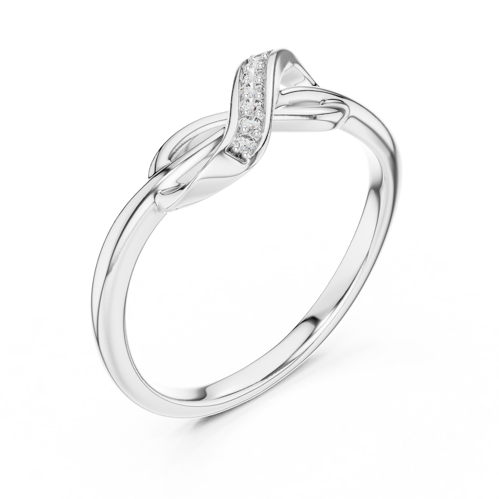White gold infinity knot ring with open oval band and pavé-set stone channel
