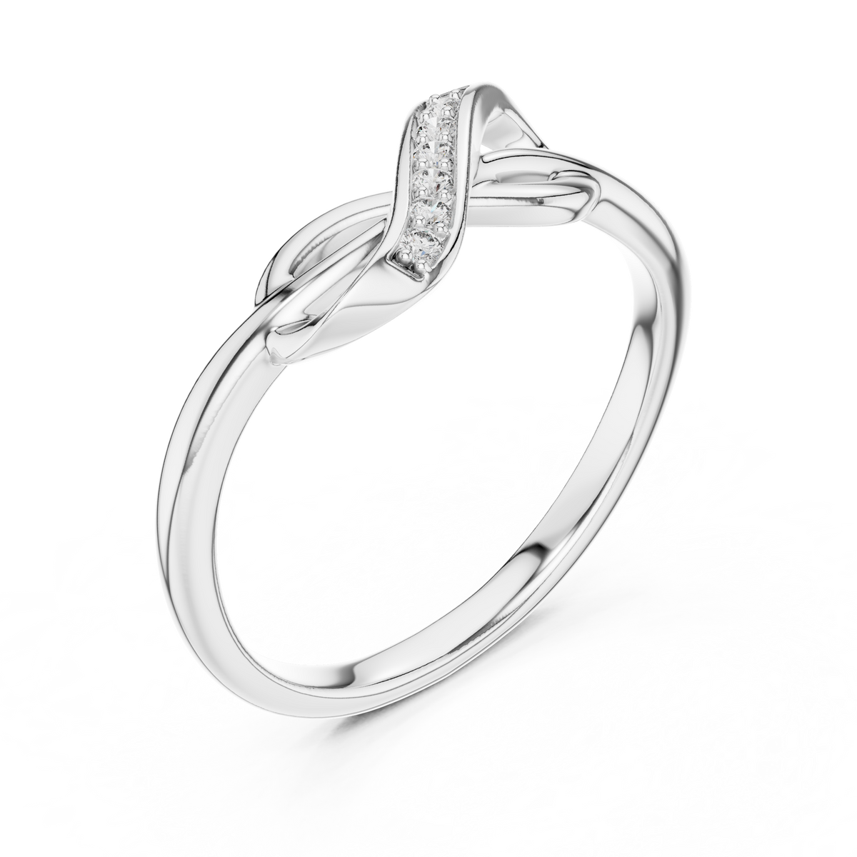 White gold infinity knot ring with open oval band and pavé-set stone channel