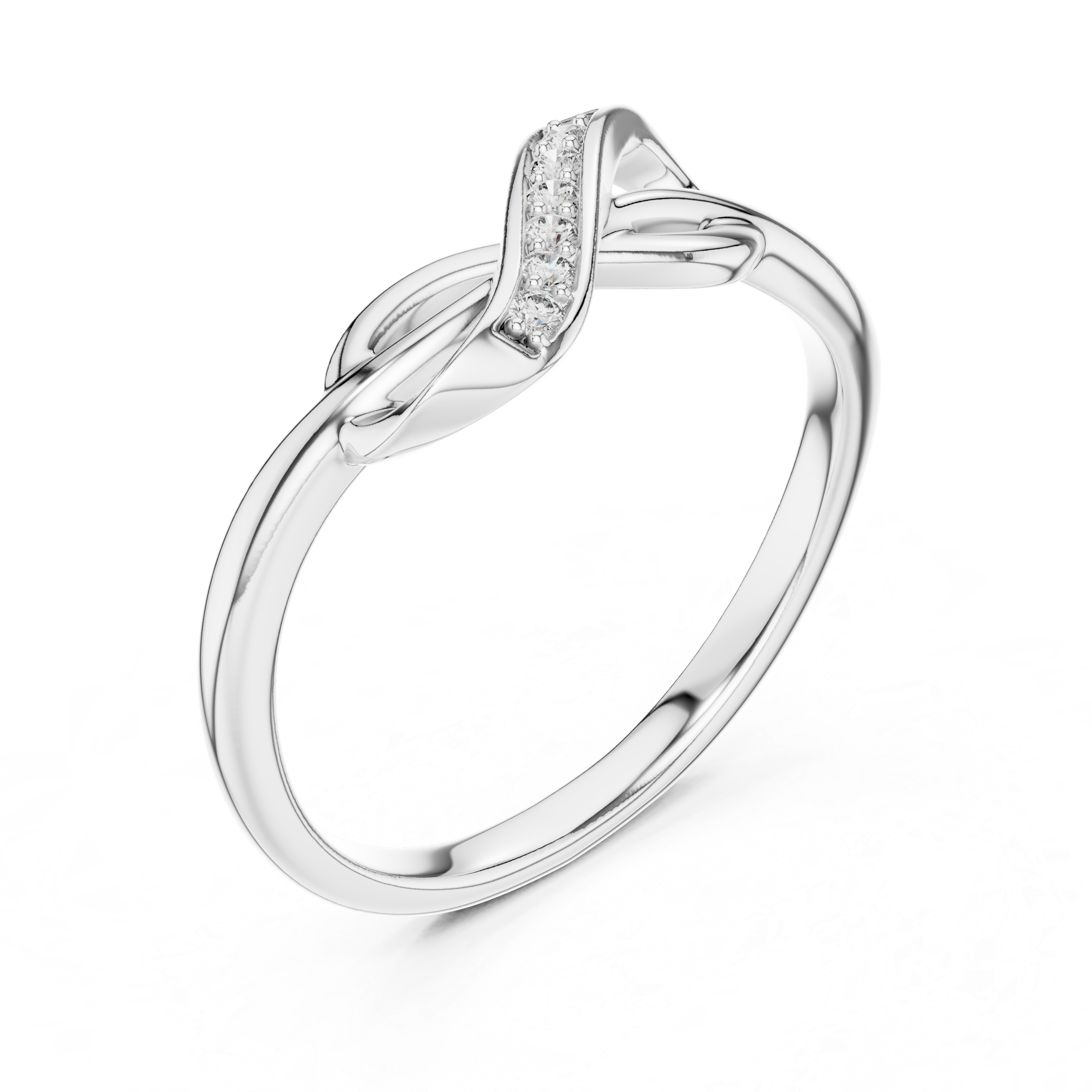White gold infinity knot ring with open oval band and pavé-set stone channel