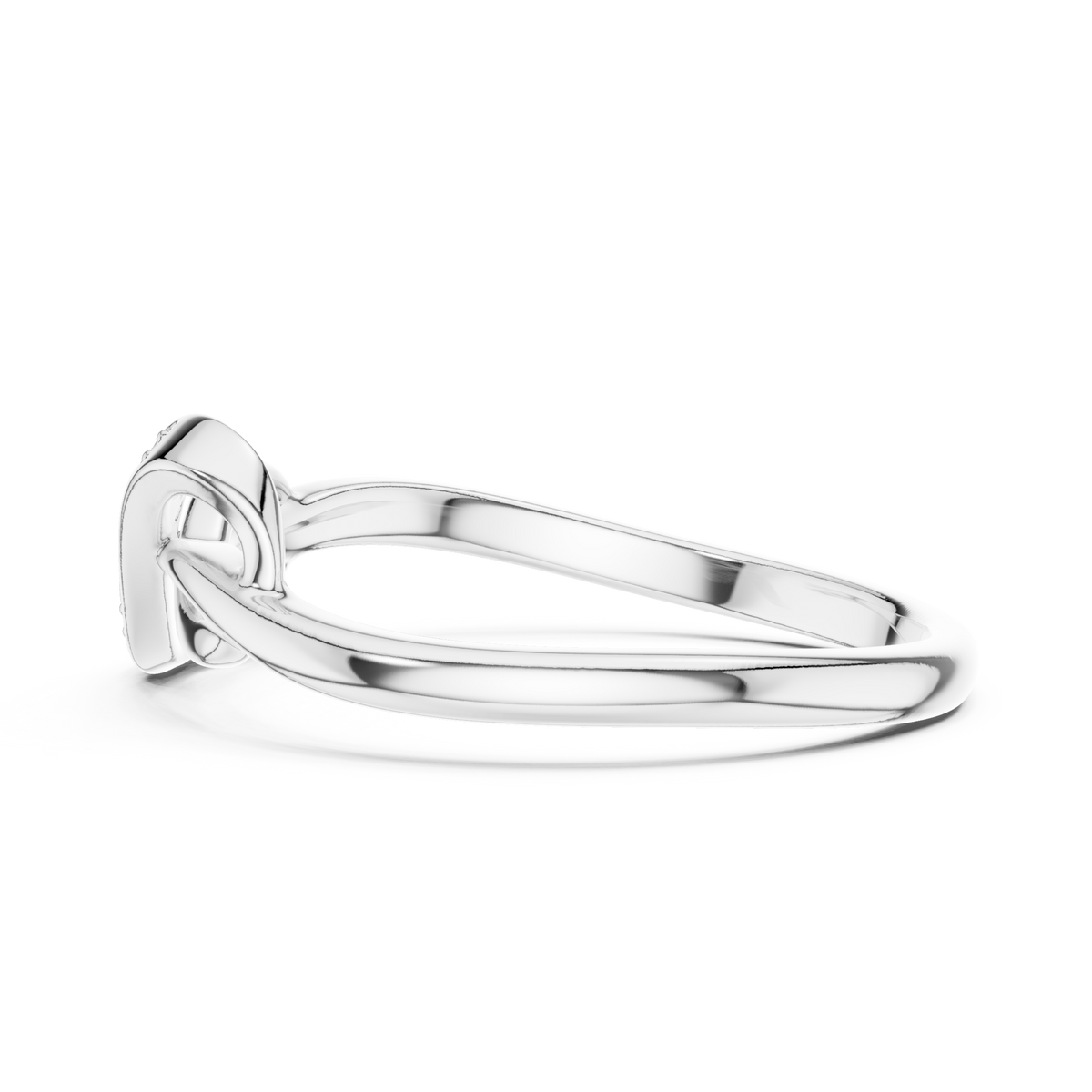 White gold infinity knot ring with open oval shank and pavé stone channel