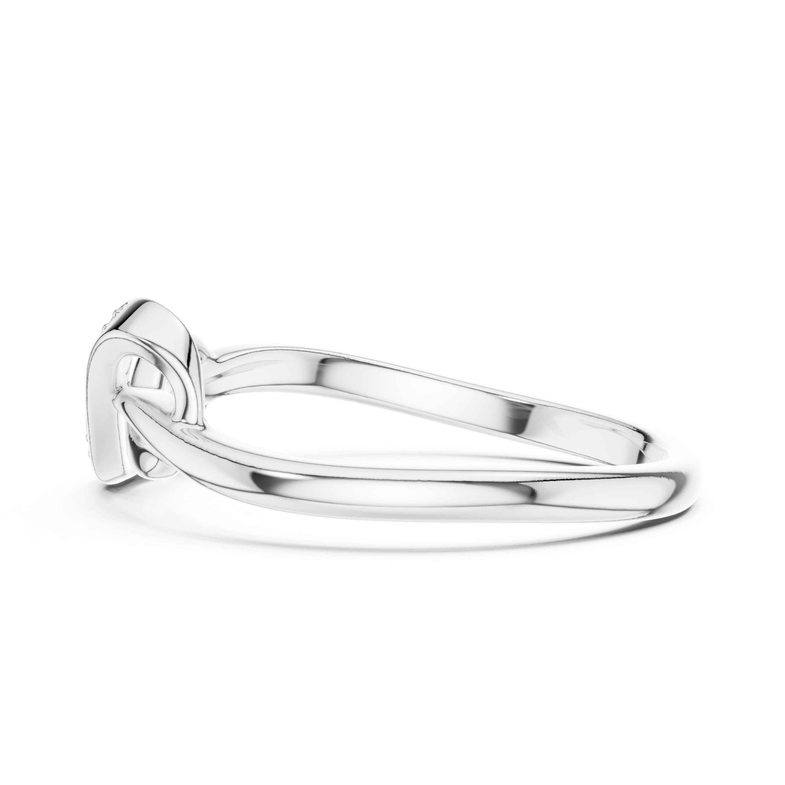 White gold infinity knot ring with open oval shank and pavé stone channel