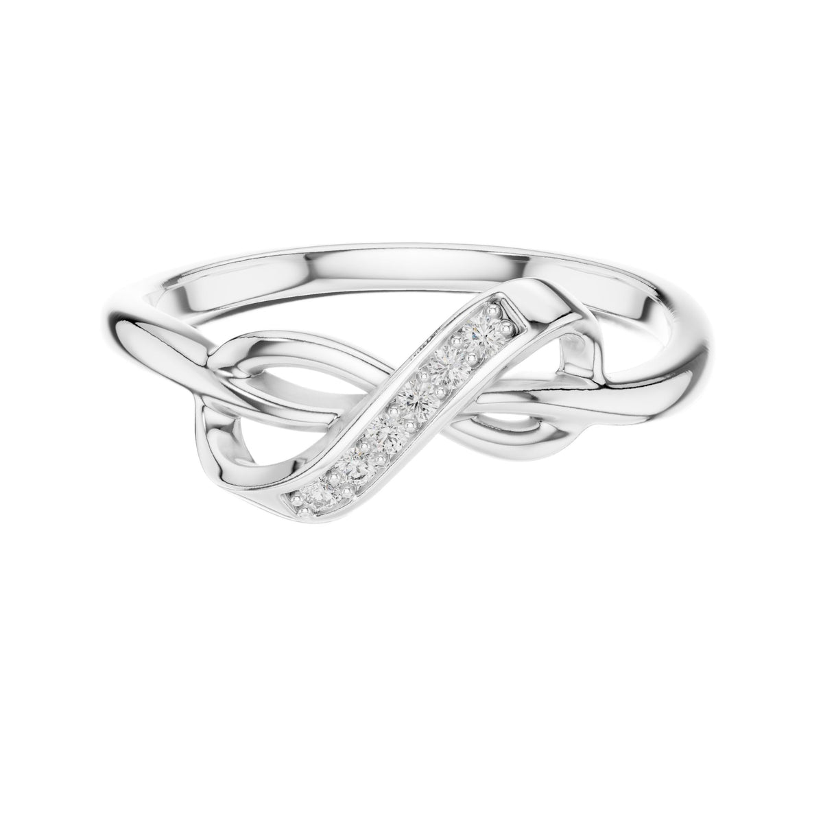 White gold infinity knot ring with diagonal pavé stone row and interwoven knot detail