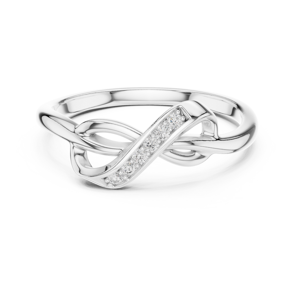 White gold infinity knot ring with diagonal pavé stone row and interwoven knot detail