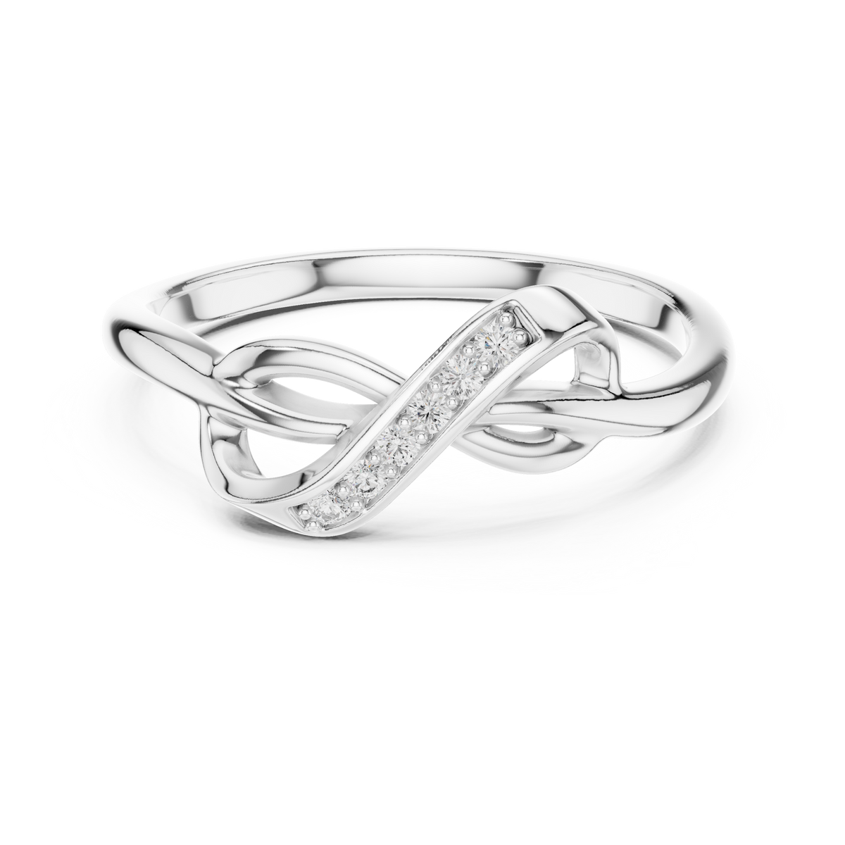 White gold infinity knot ring with diagonal pavé stone row and interwoven knot detail