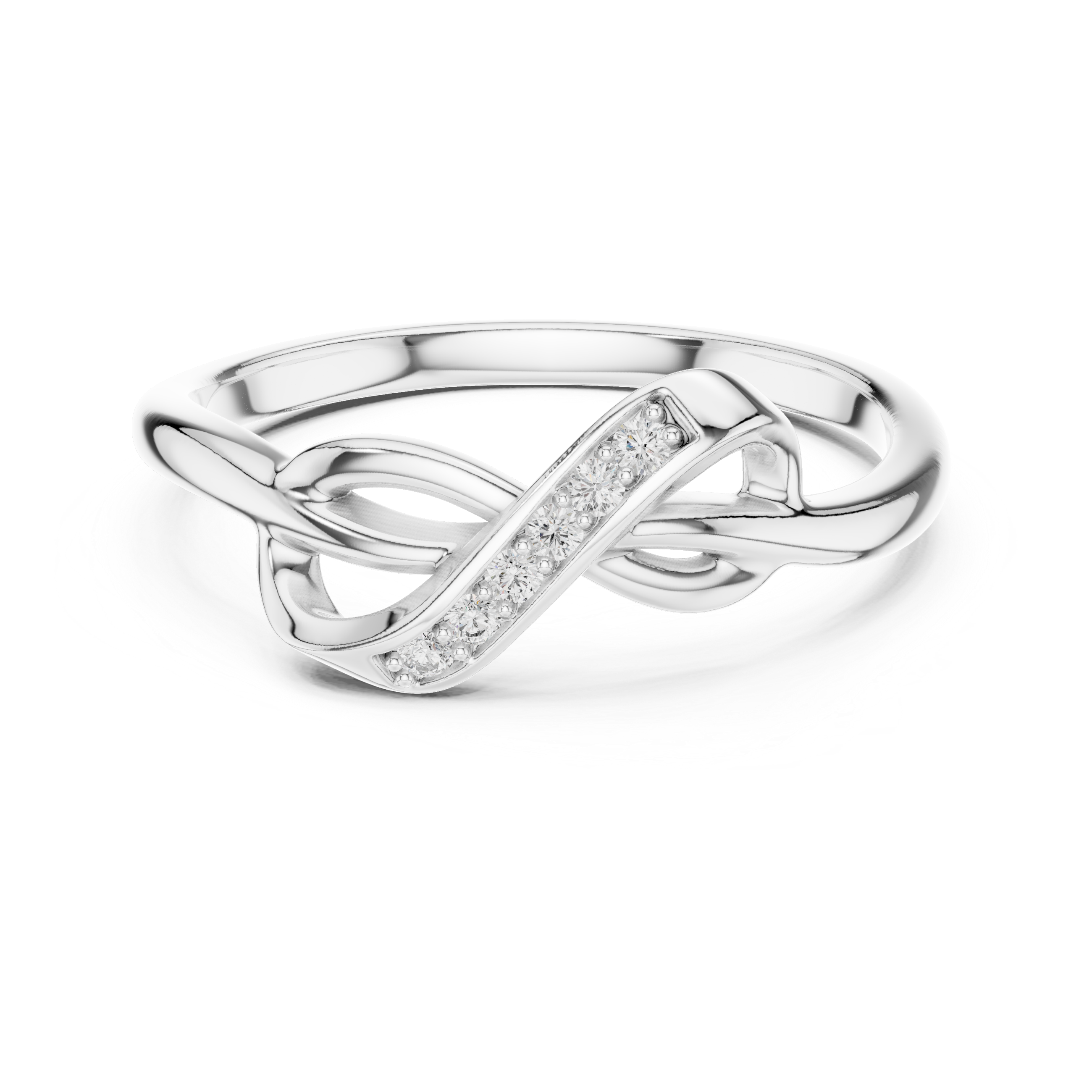 White gold infinity knot ring with diagonal pavé stone row and interwoven knot detail