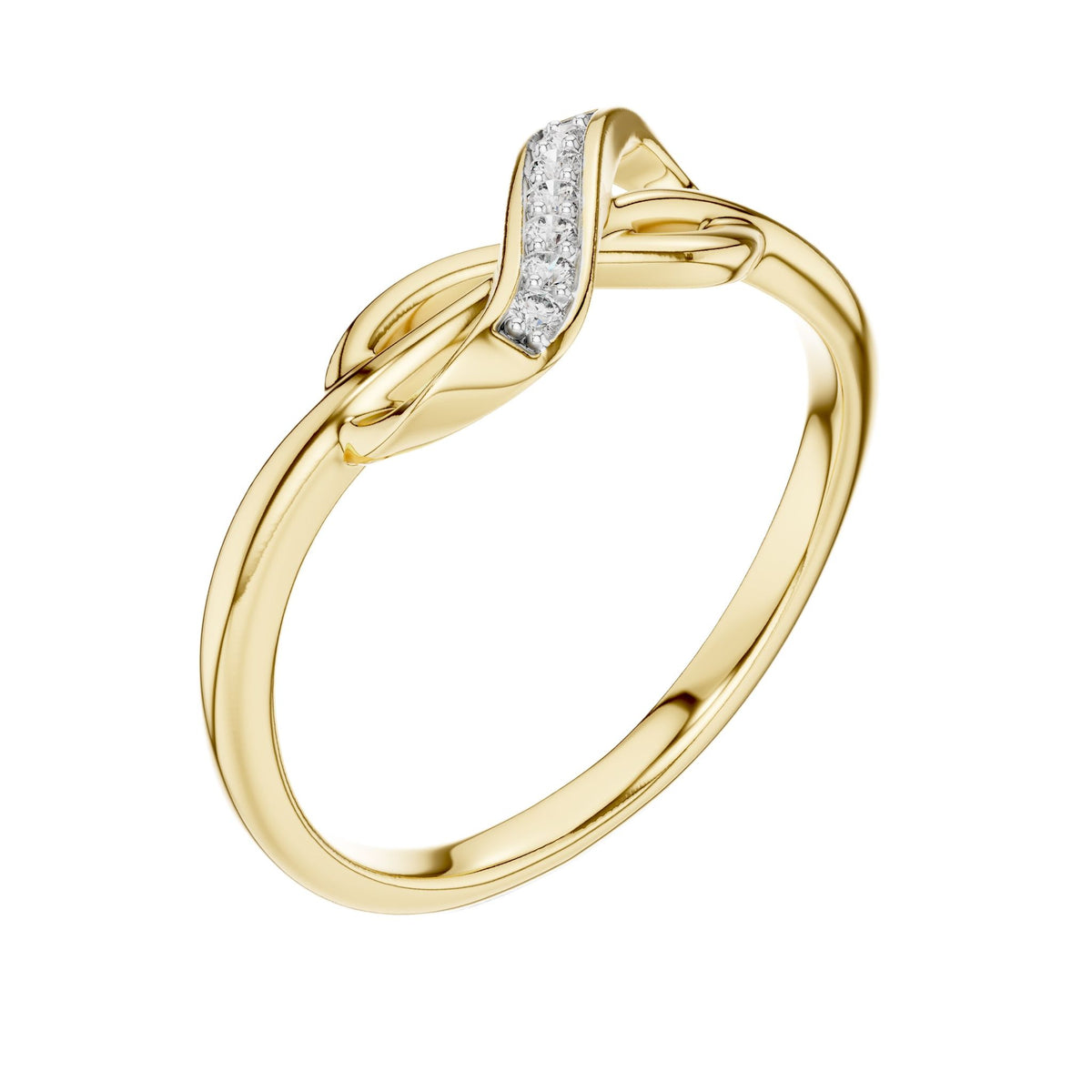 Infinity knot diamond ring in yellow gold with pavé diamond bar