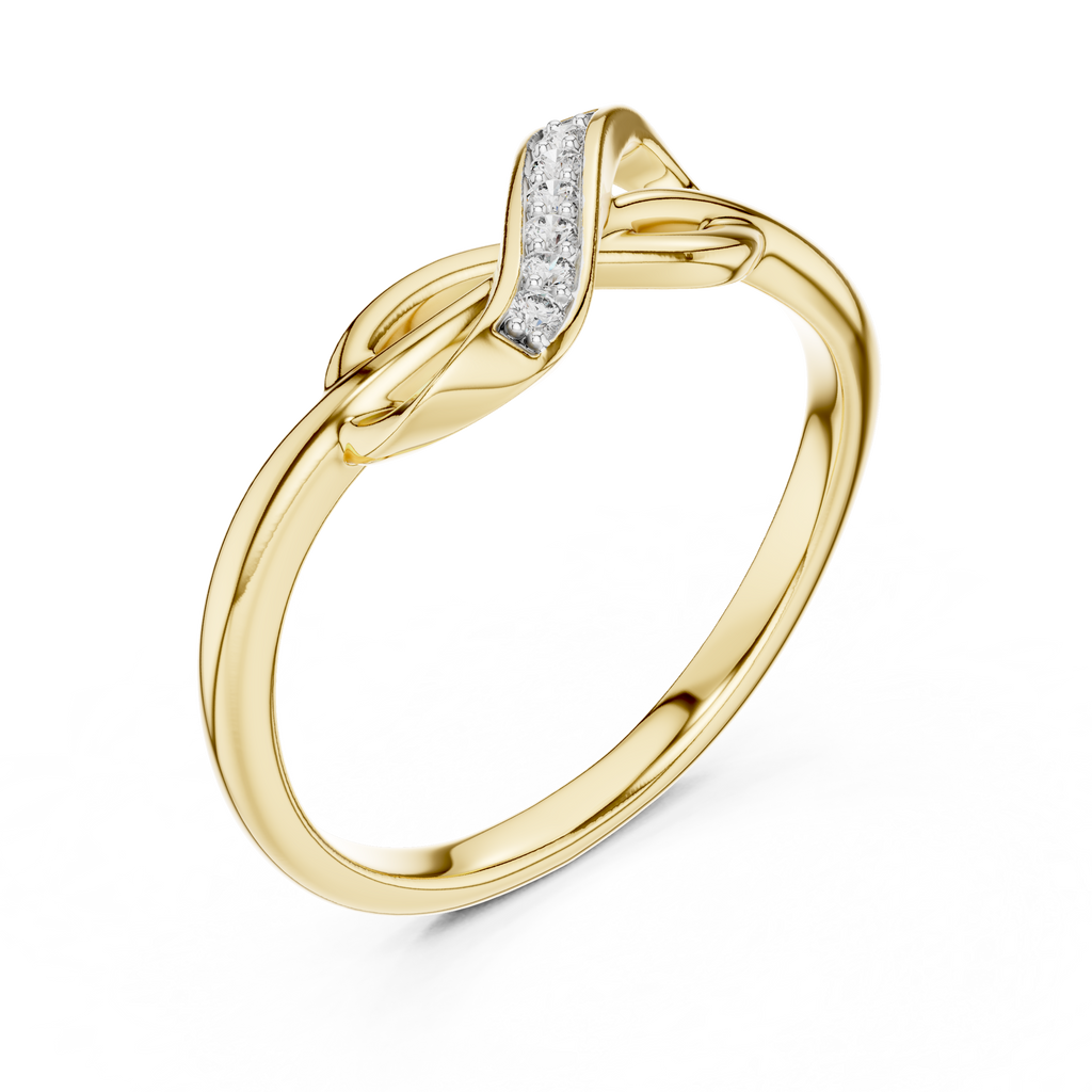 Infinity knot diamond ring in yellow gold with pavé diamond bar