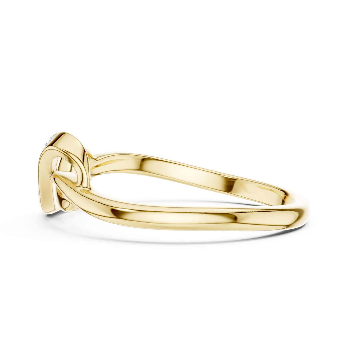Infinity knot diamond ring, yellow gold side profile with pavé center