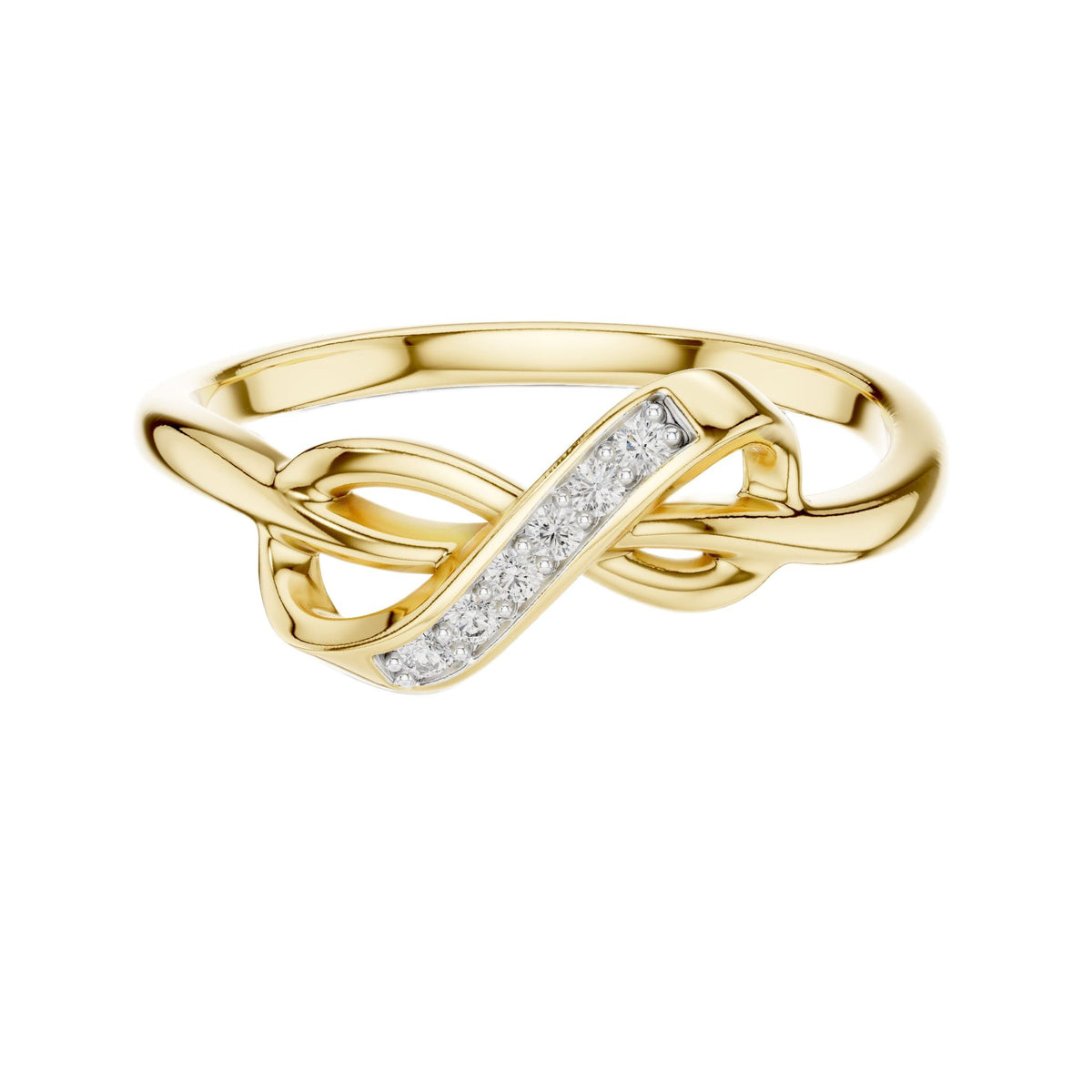 Infinity knot diamond ring, yellow gold with sparkling pavé diamond stripe