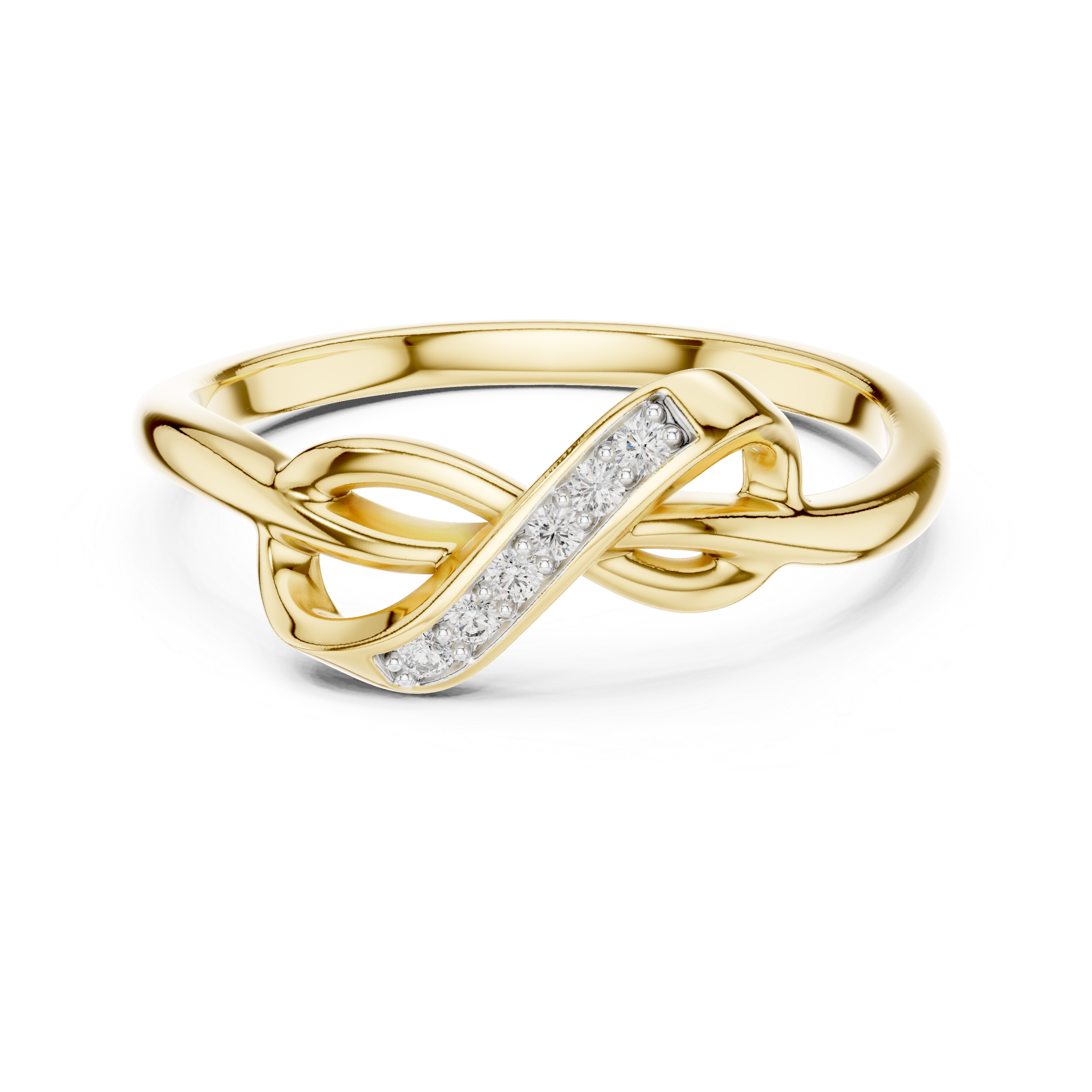 Infinity knot diamond ring, yellow gold with sparkling pavé diamond stripe