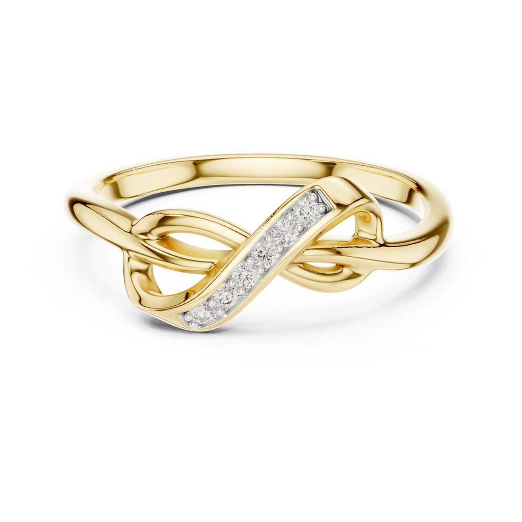 Infinity knot diamond ring, yellow gold with sparkling pavé diamond stripe
