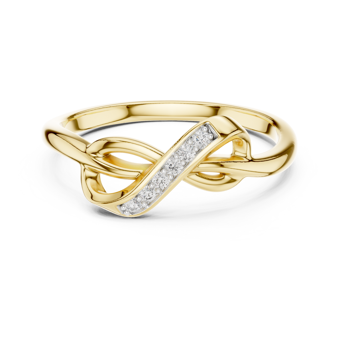 Infinity knot diamond ring, yellow gold with sparkling pavé diamond stripe
