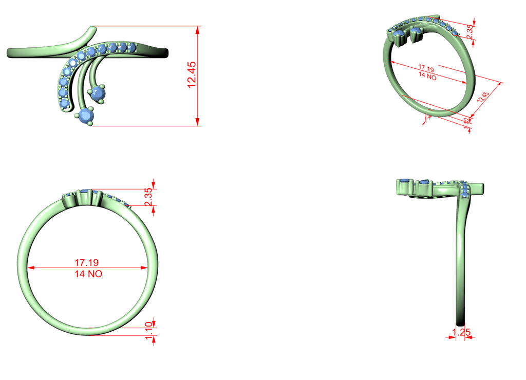 Bypass diamond ring CAD view showing green band and round stone placements