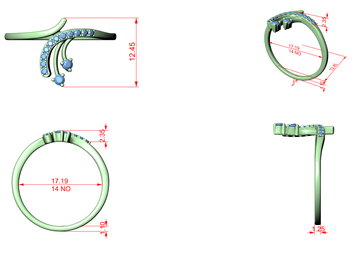 Bypass diamond ring CAD view showing green band and round stone placements