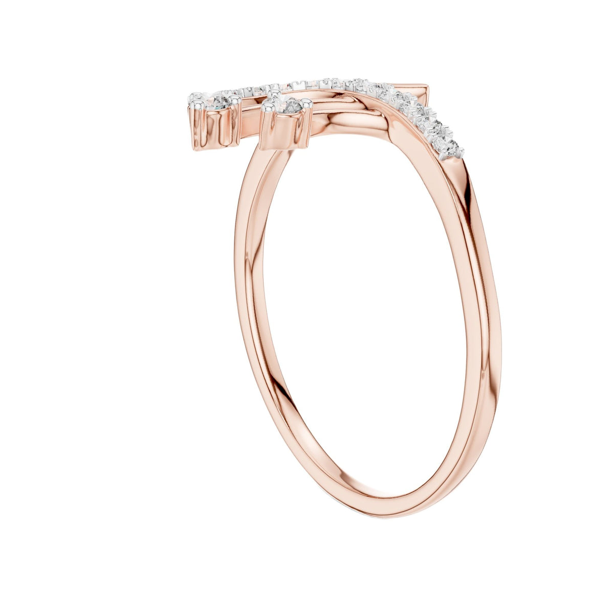 Rose gold bypass diamond engagement ring with round pavé stones, side view