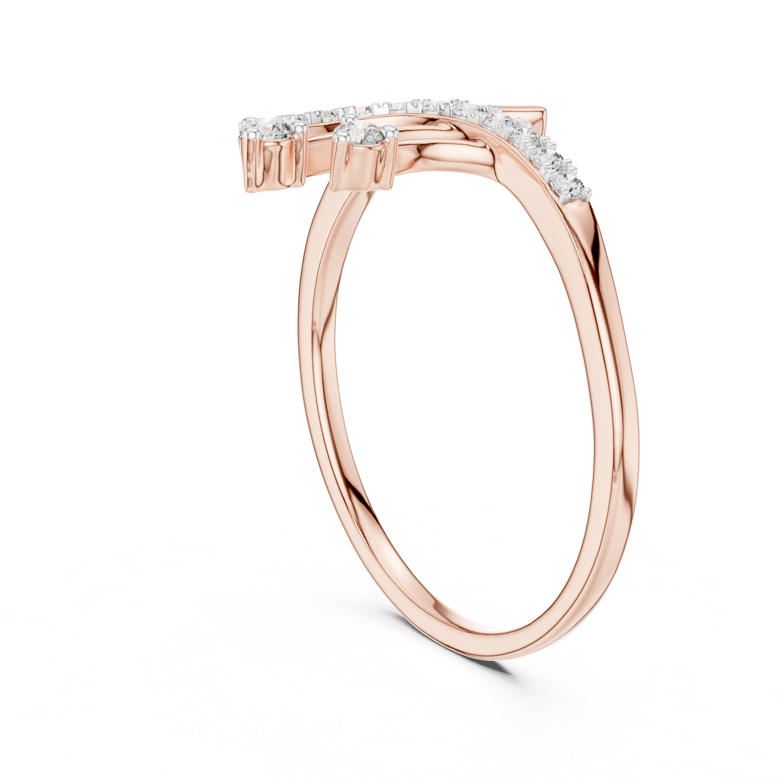 Rose gold bypass diamond engagement ring with round pavé stones, side view