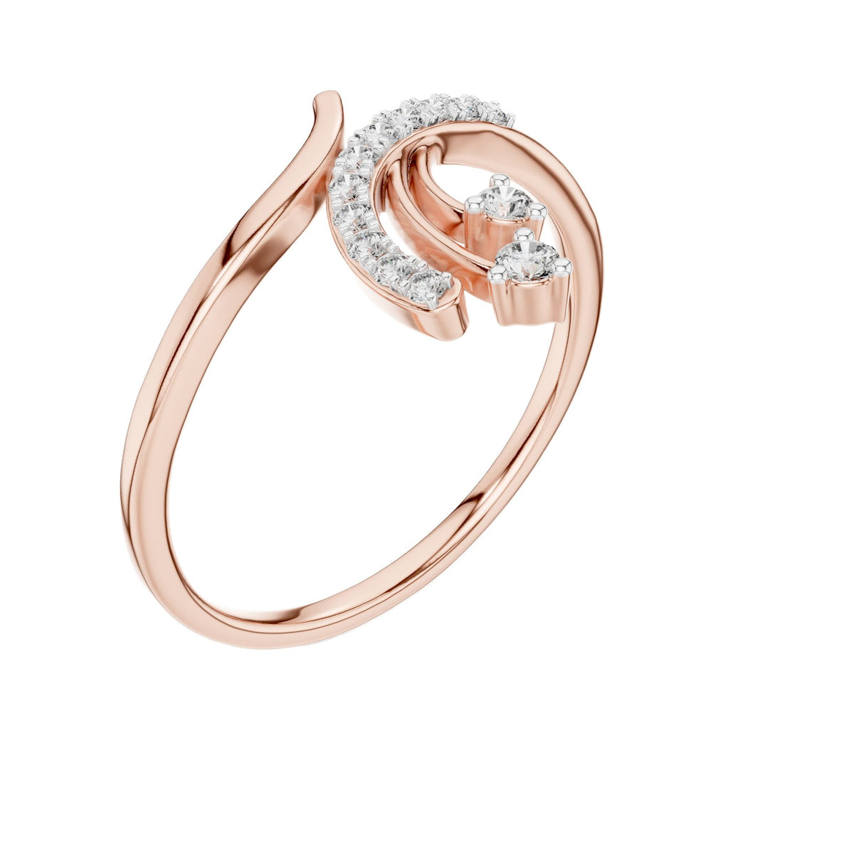 Rose gold bypass diamond engagement ring with round center diamond, 3/4 view