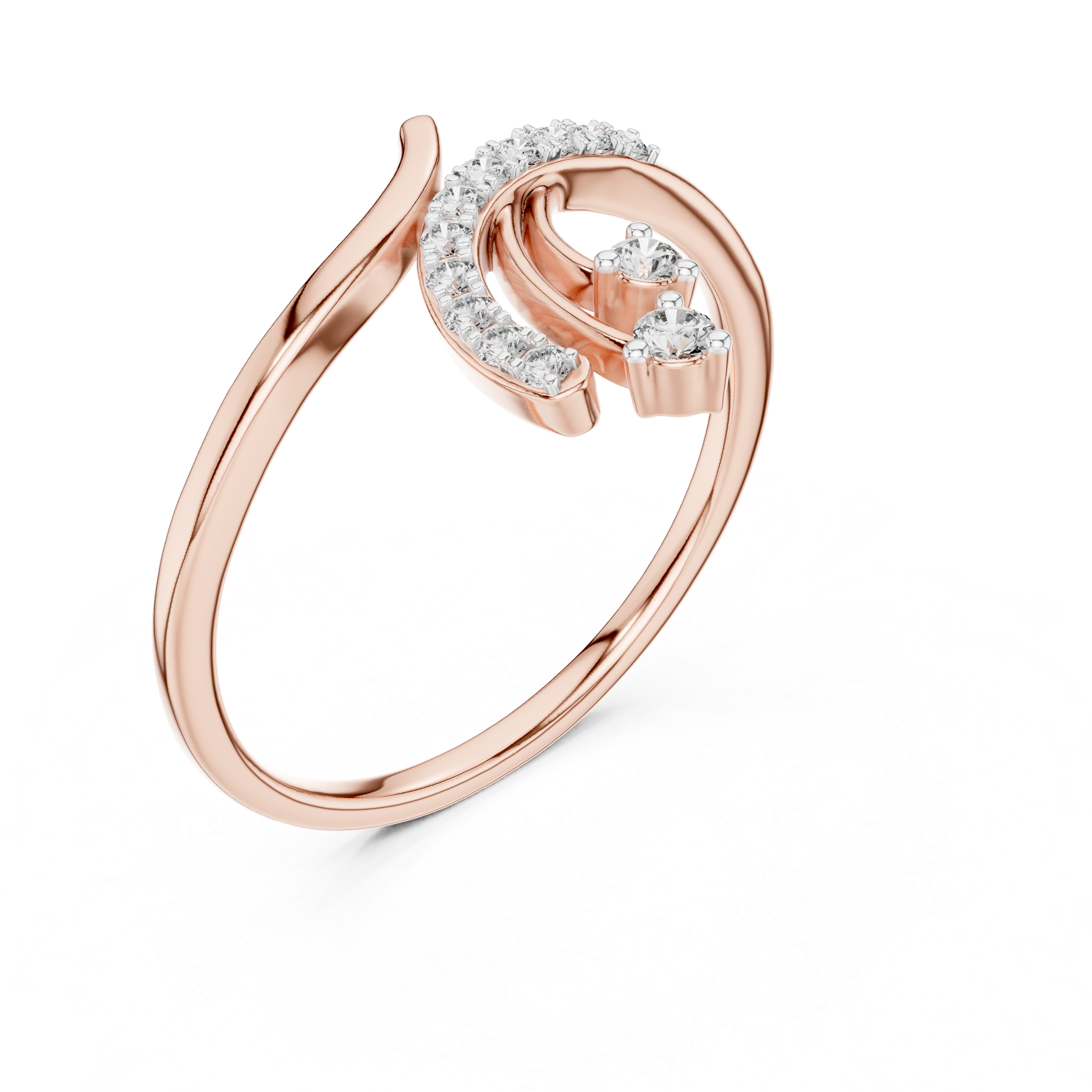 Rose gold bypass diamond engagement ring with round center diamond, 3/4 view