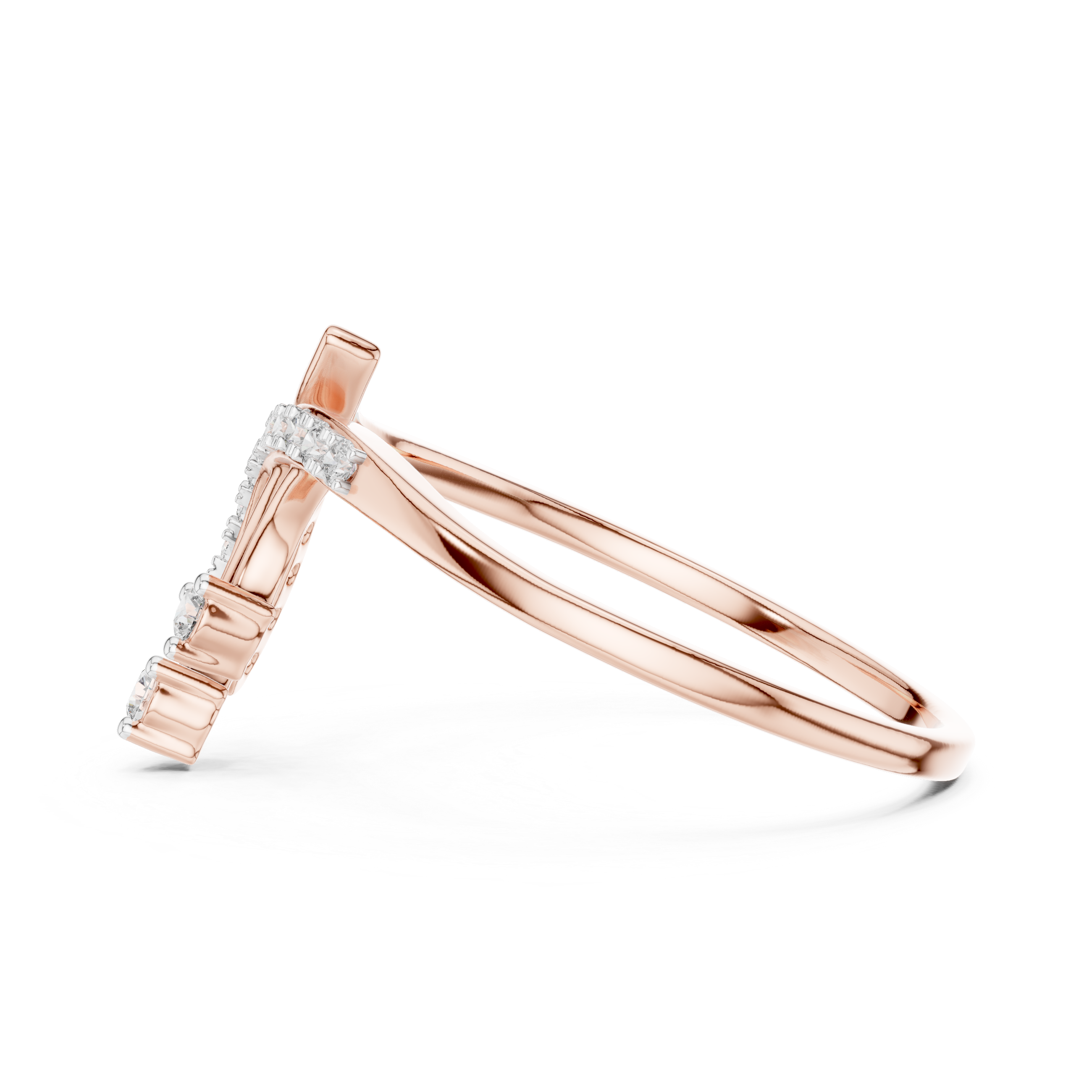 Rose gold bypass diamond engagement ring with round pavé stones, profile view