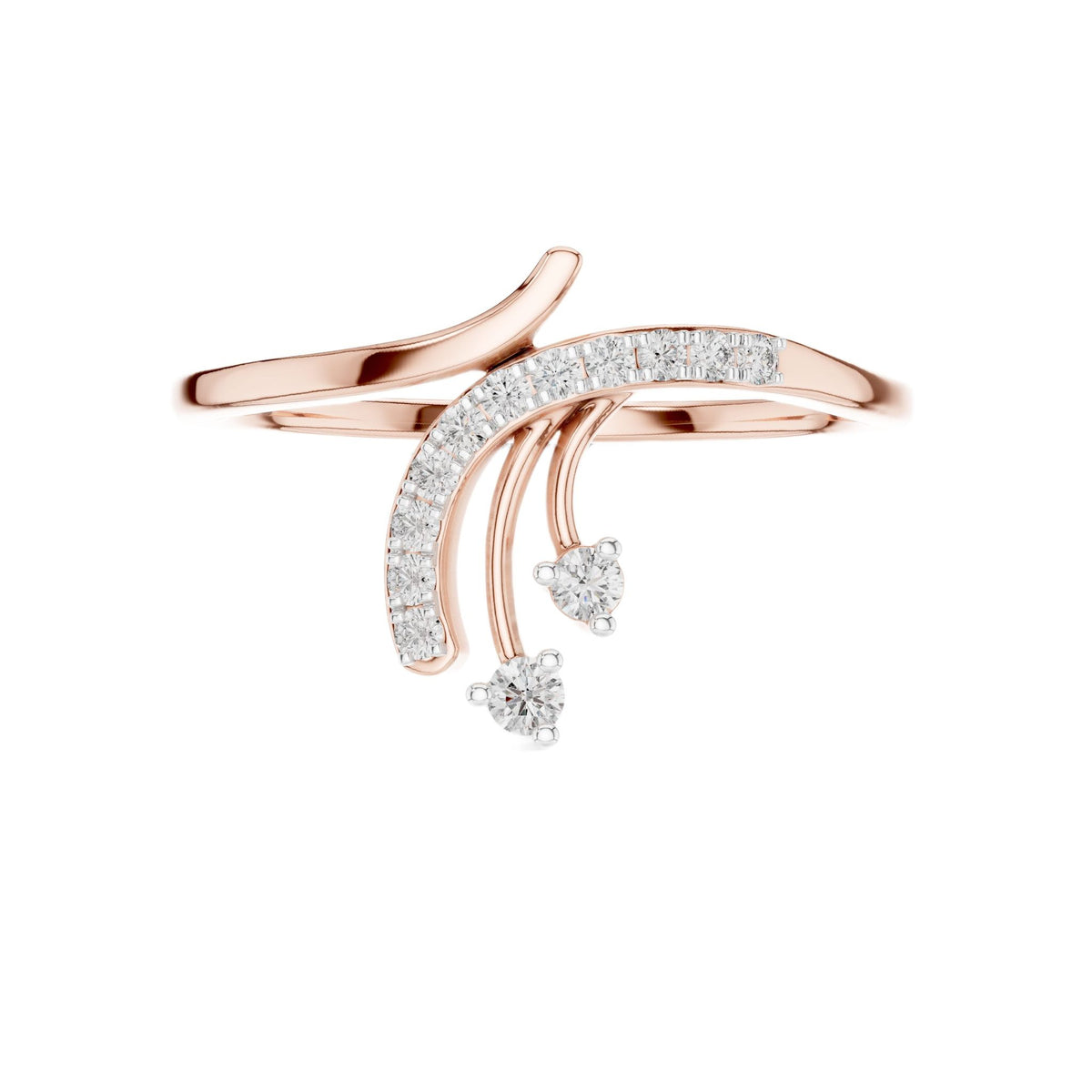 Rose gold bypass diamond engagement ring with round center stone, angled view