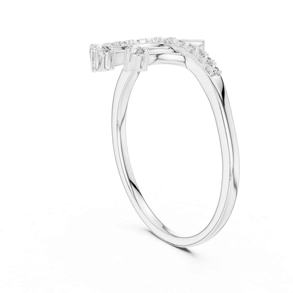 Platinum bypass diamond engagement ring with round pavé stones, side profile
