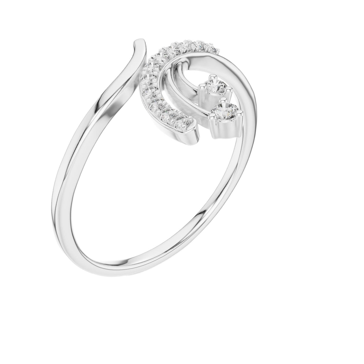 Platinum bypass diamond engagement ring with round center diamond, 3/4 view