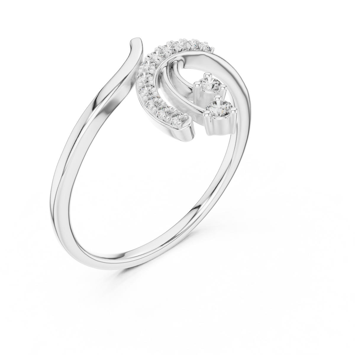 Platinum bypass diamond engagement ring with round center diamond, 3/4 view