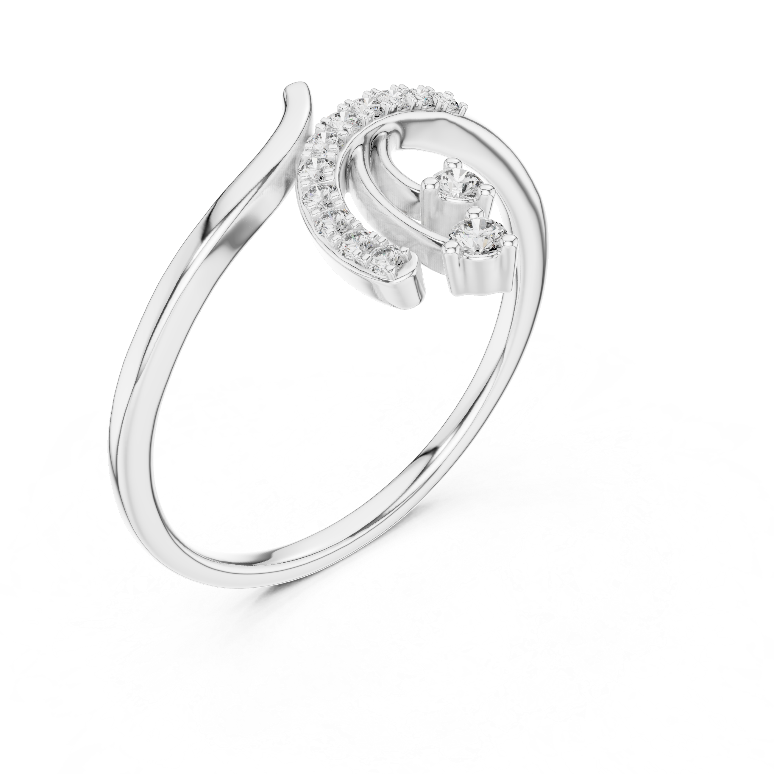 Platinum bypass diamond engagement ring with round center diamond, 3/4 view