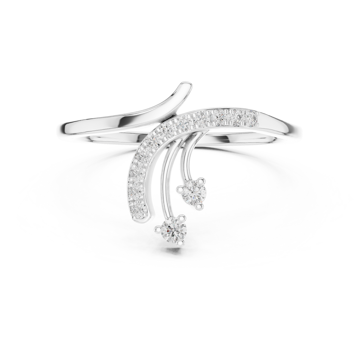 Platinum bypass diamond engagement ring with round pavé stones, top angled view