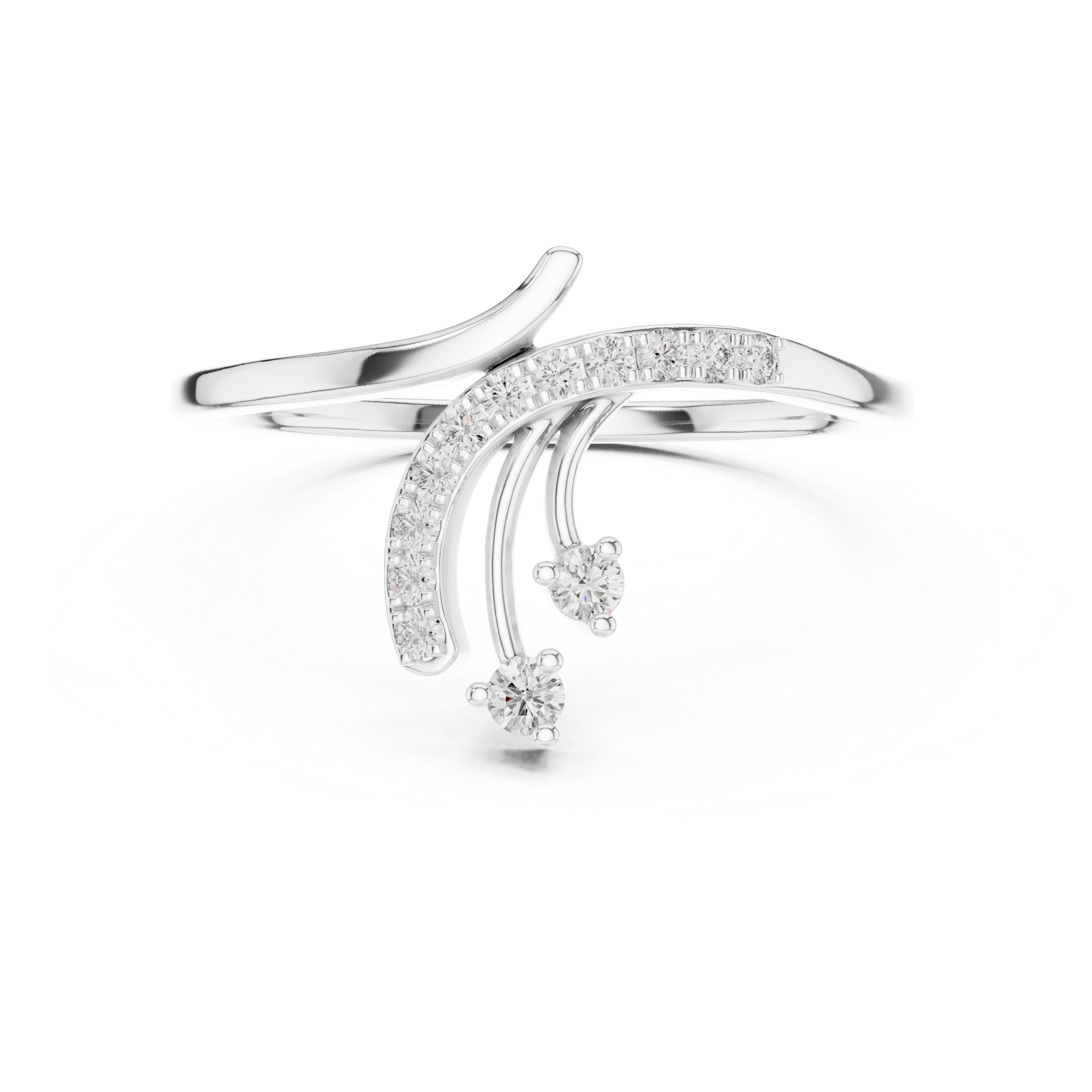 Platinum bypass diamond engagement ring with round pavé stones, top angled view