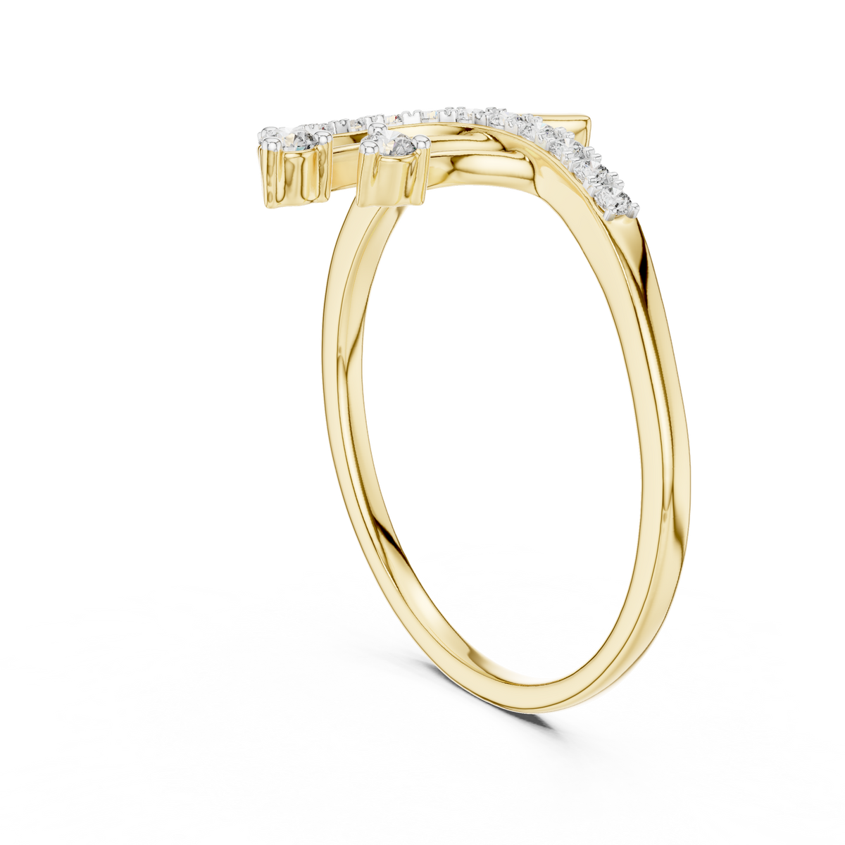 Yellow gold bypass diamond engagement ring with round pavé stones, side profile
