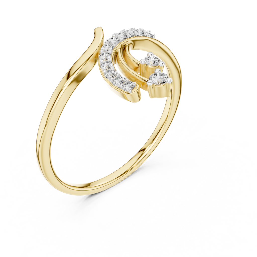 Yellow gold bypass diamond engagement ring with round center diamond, 3/4 view
