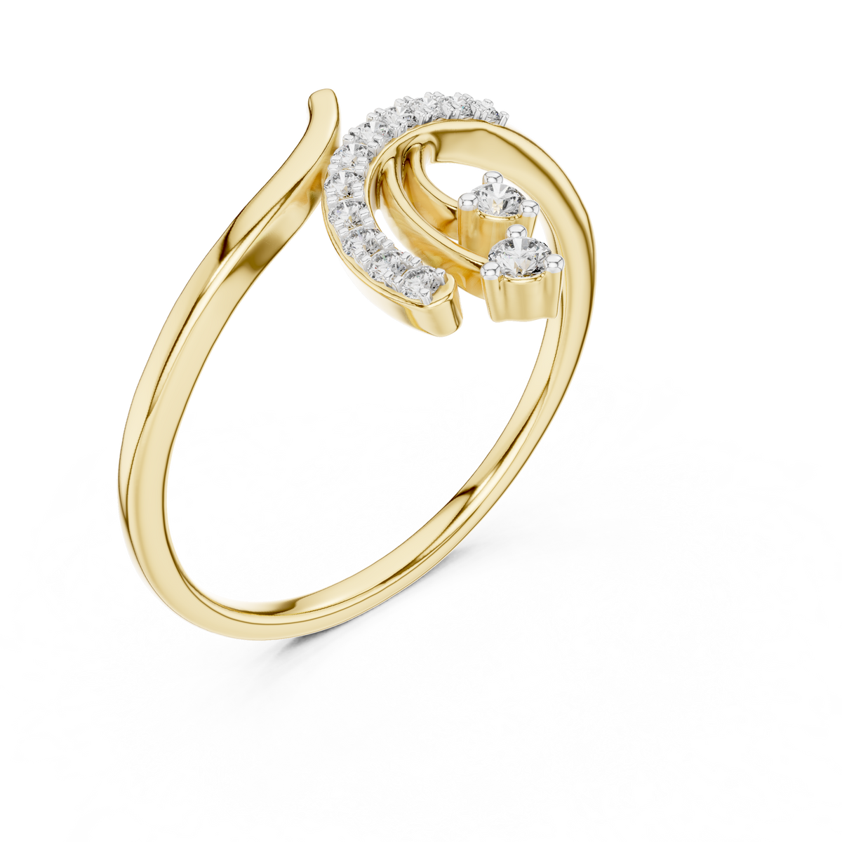 Yellow gold bypass diamond engagement ring with round center diamond, 3/4 view